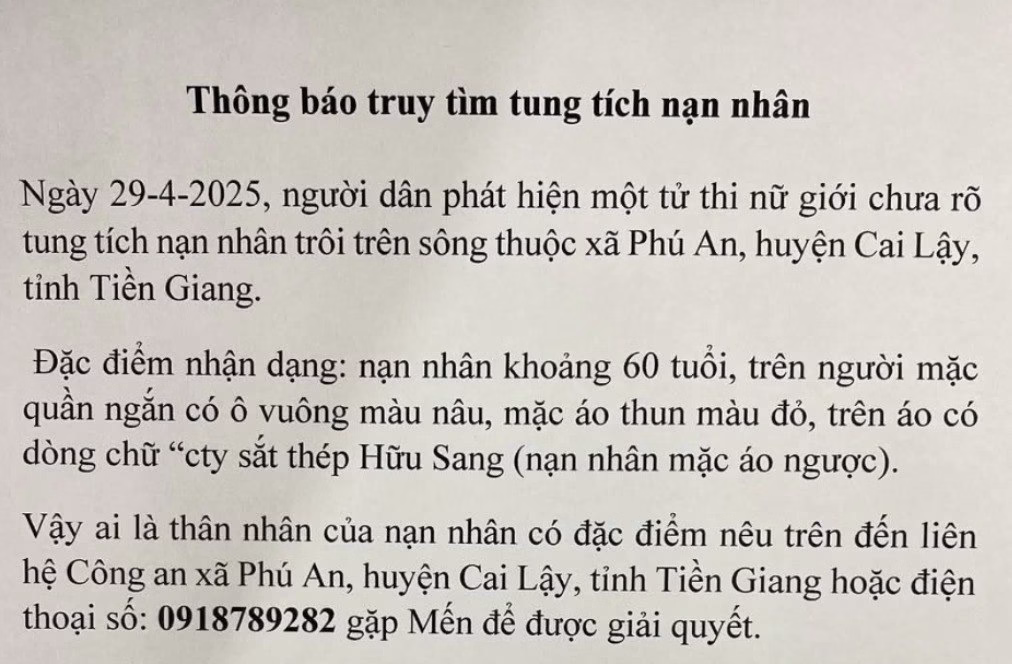 ấp 02 Phú An, Cai Lậy, Tiền Giang: người dân vớt lên 1 thi thể nữ cần tìm thân nhân..